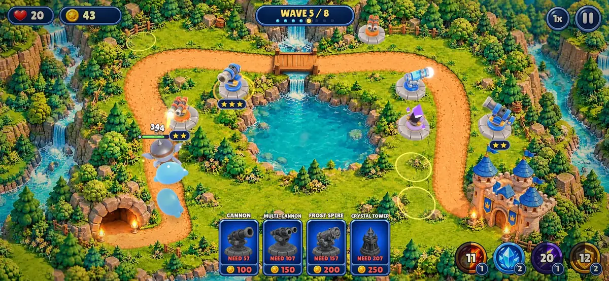 Kingdom Siege battle at Mirror Lake: towers around a lake, slimes and a goblin on the road, the tower bar at the bottom