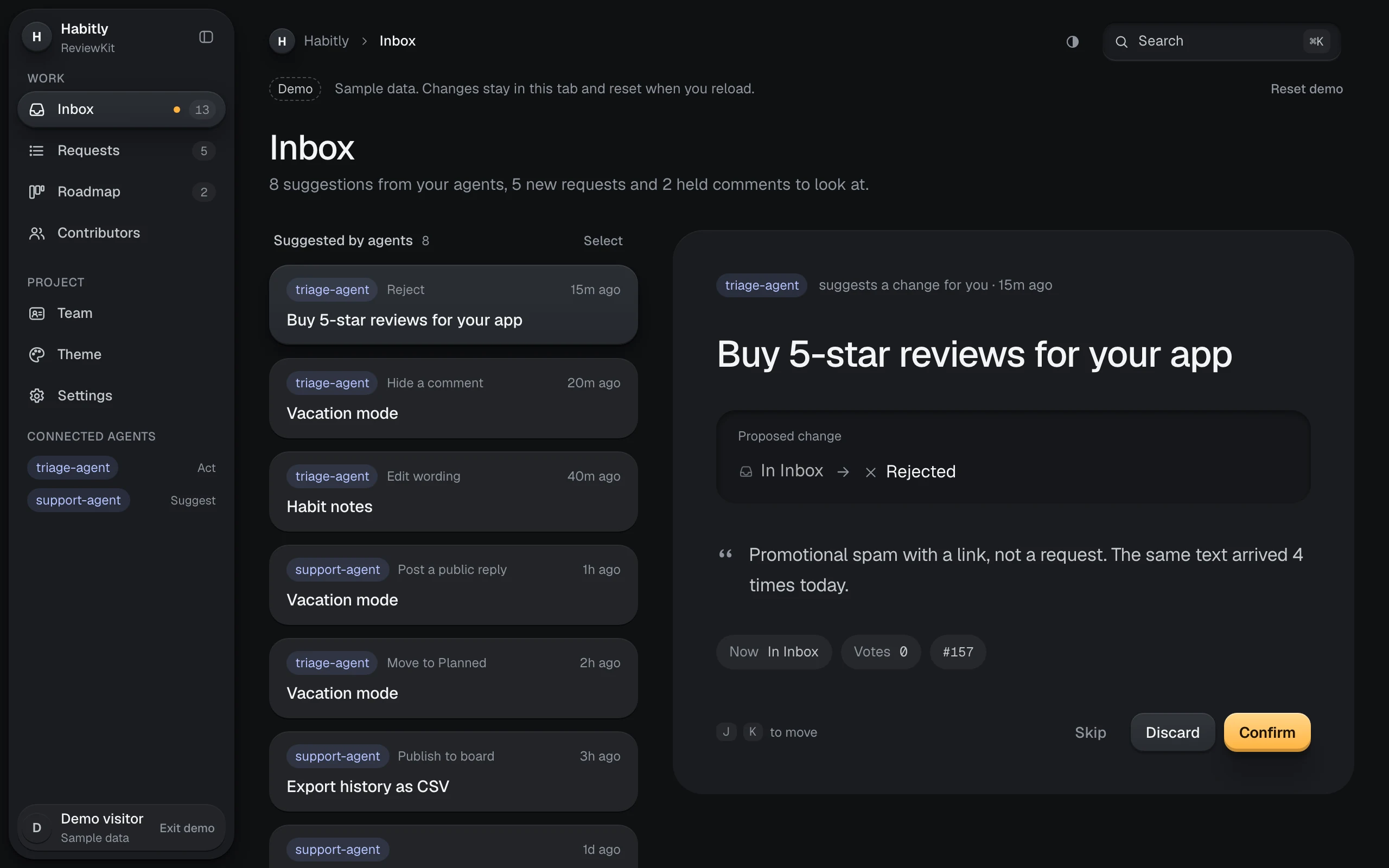 ReviewKit inbox: an agent proposes rejecting a spam post and explains why; a person confirms or discards it