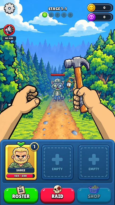 Zombie Road gameplay: first-person hands holding a hammer on a forest road as a raccoon zombie approaches, the squad roster below